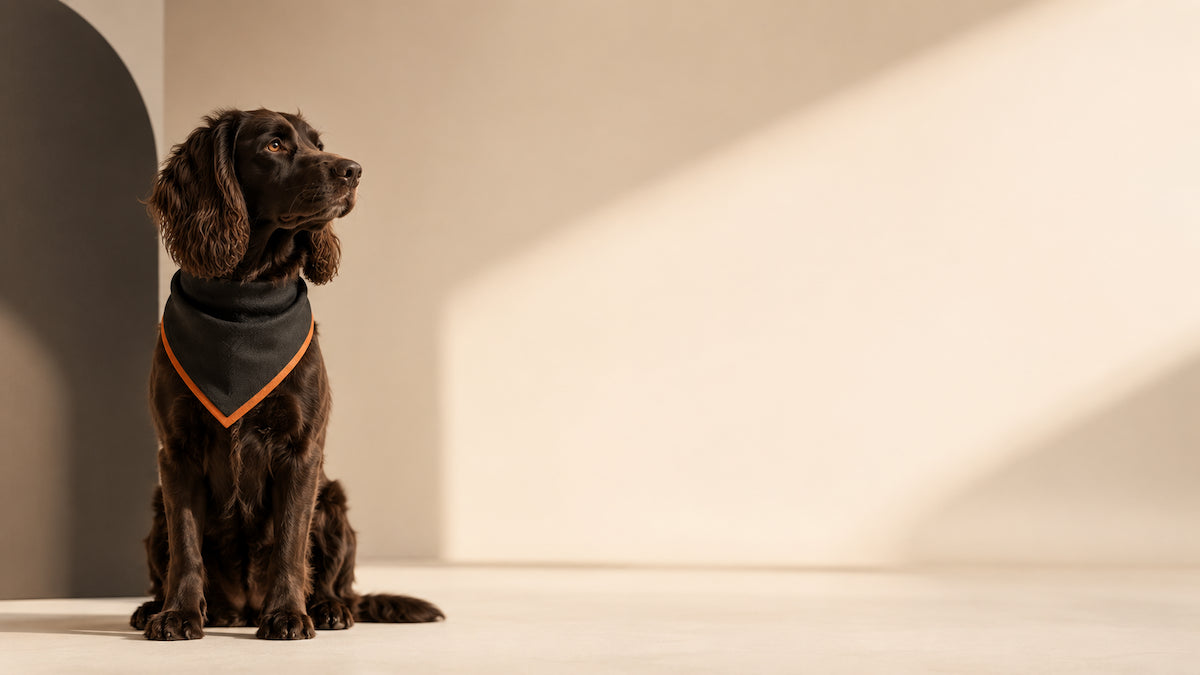 A dark brown dog wearing a black bandana-style collar with orange trim, sitting on a minimalist beige studio floor against a matching background with soft architectural shadows.