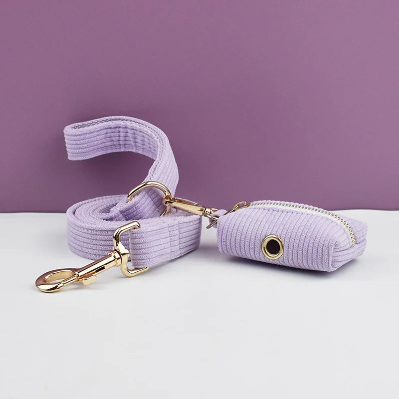 Personalized Dog Harness & Leash Set | 5-Piece Engraved Corduroy Walk Kit with Poop Bag Holder