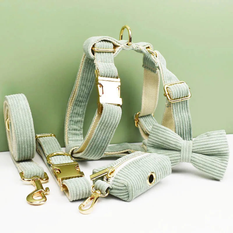 Personalized Dog Harness & Leash Set | 5-Piece Engraved Corduroy Walk Kit with Poop Bag Holder