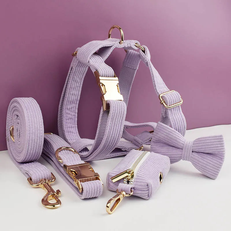 Personalized Dog Harness & Leash Set | 5-Piece Engraved Corduroy Walk Kit with Poop Bag Holder