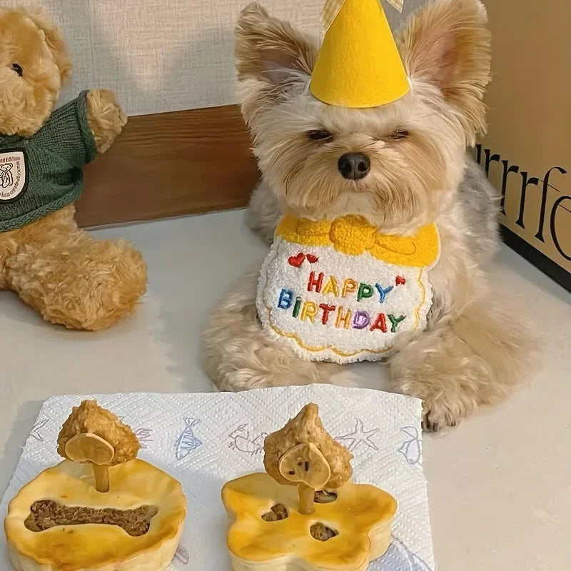 Cute yellow adjustable dog birthday hat and bandana set for boy dogs.