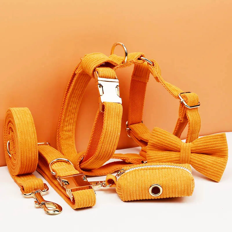 Personalized Dog Harness & Leash Set | 5-Piece Engraved Corduroy Walk Kit with Poop Bag Holder