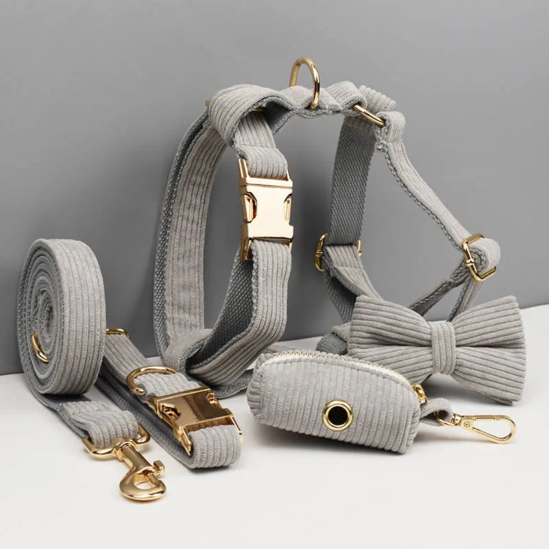 Personalized Dog Harness & Leash Set | 5-Piece Engraved Corduroy Walk Kit with Poop Bag Holder