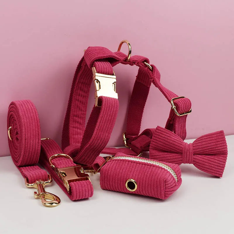 Personalized Dog Harness & Leash Set | 5-Piece Engraved Corduroy Walk Kit with Poop Bag Holder