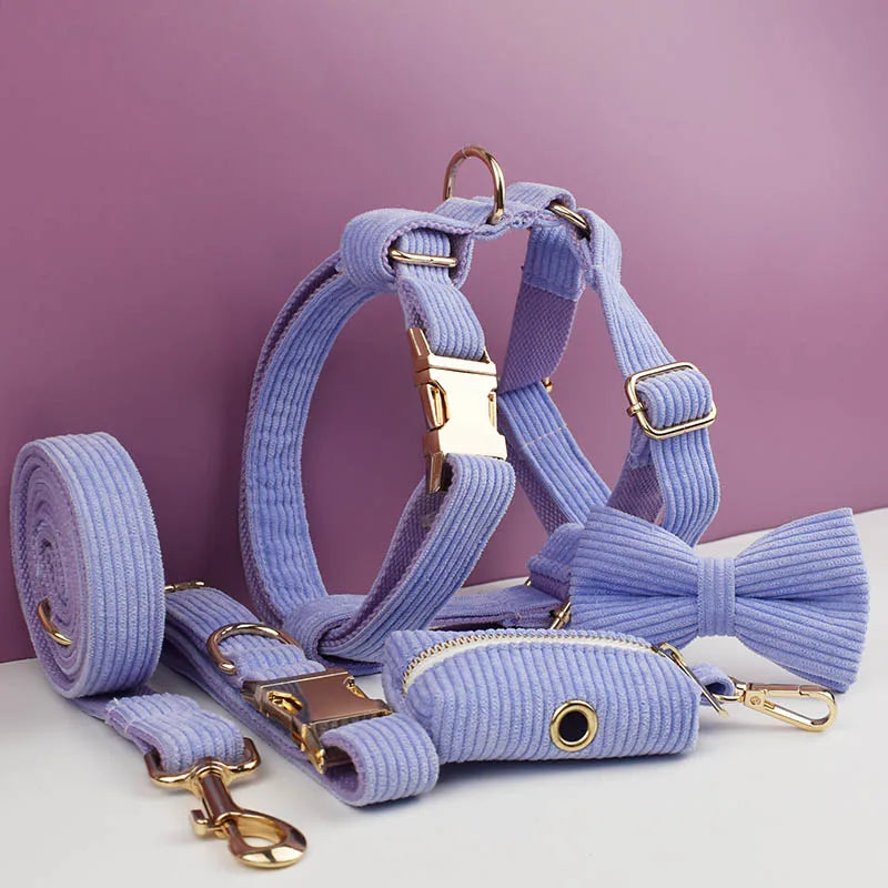 Personalized Dog Harness & Leash Set | 5-Piece Engraved Corduroy Walk Kit with Poop Bag Holder