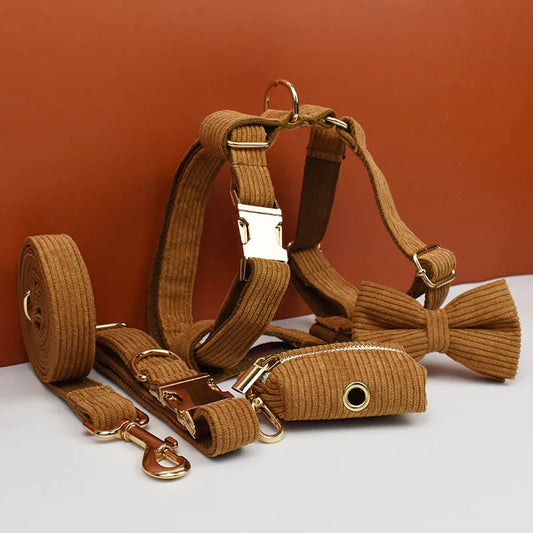 Personalized Dog Harness & Leash Set | 5-Piece Engraved Corduroy Walk Kit with Poop Bag Holder
