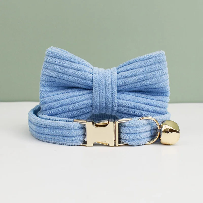 Blue dog leash with a gold buckle and bell on a light green background