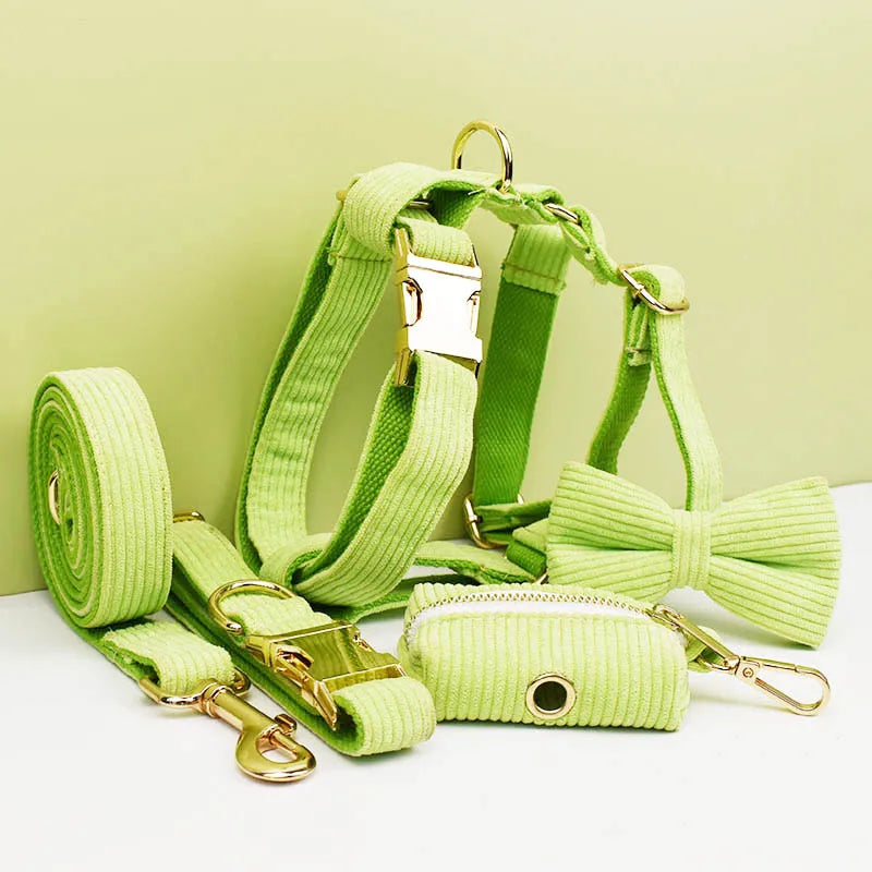 Personalized Dog Harness & Leash Set | 5-Piece Engraved Corduroy Walk Kit with Poop Bag Holder