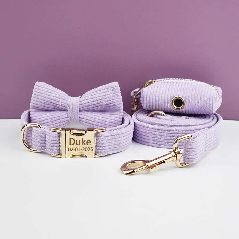 Personalized Dog Harness & Leash Set | 5-Piece Engraved Corduroy Walk Kit with Poop Bag Holder