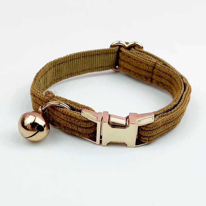 Brown dog collar with gold hardware and a ball on a white background