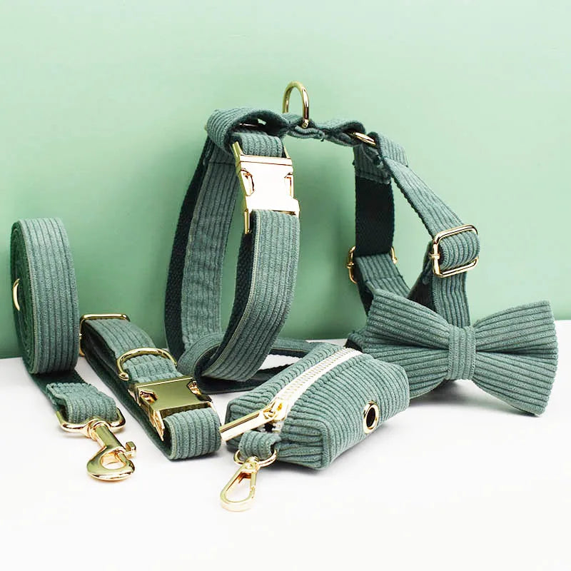 Personalized Dog Harness & Leash Set | 5-Piece Engraved Corduroy Walk Kit with Poop Bag Holder