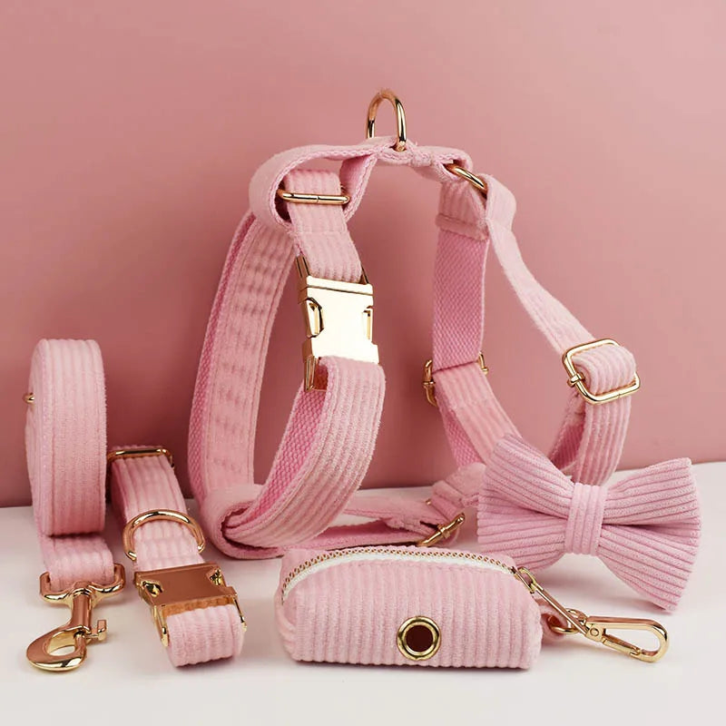 Personalized Dog Harness & Leash Set | 5-Piece Engraved Corduroy Walk Kit with Poop Bag Holder