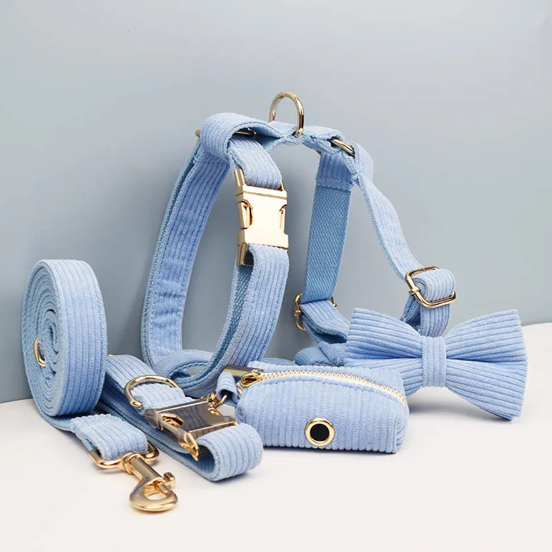 Personalized Dog Harness & Leash Set | 5-Piece Engraved Corduroy Walk Kit with Poop Bag Holder