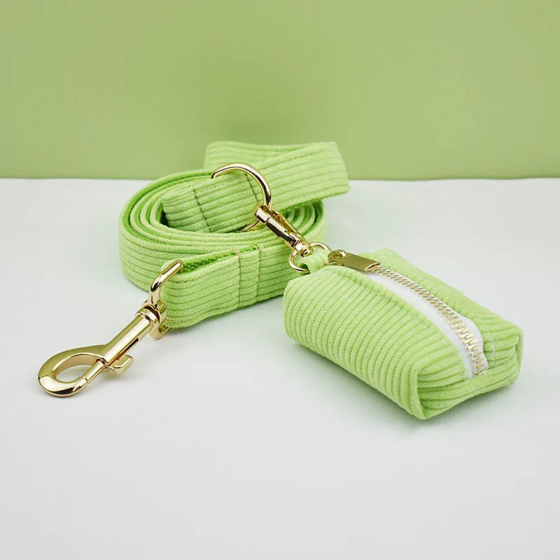 Personalized Dog Harness & Leash Set | 5-Piece Engraved Corduroy Walk Kit with Poop Bag Holder