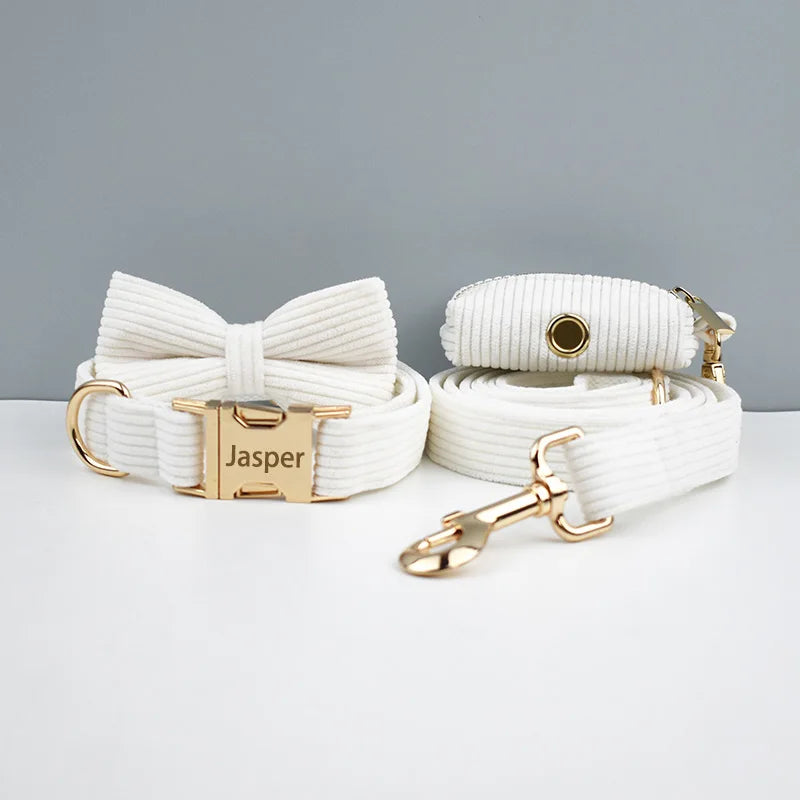 Personalized Dog Harness & Leash Set | 5-Piece Engraved Corduroy Walk Kit with Poop Bag Holder
